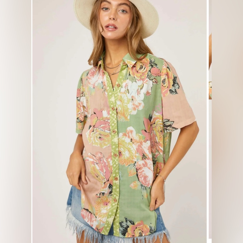 DAVI & DANI Pink and Green Floral Button-Down Shirt